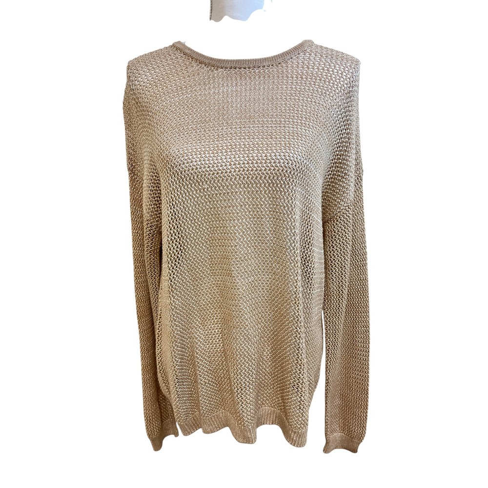 MINNIE ROSE Gold Mesh Sweater Sz L Metallic Tan Crochet Knit Hampton Boho Beachy - Picture 13 of 13